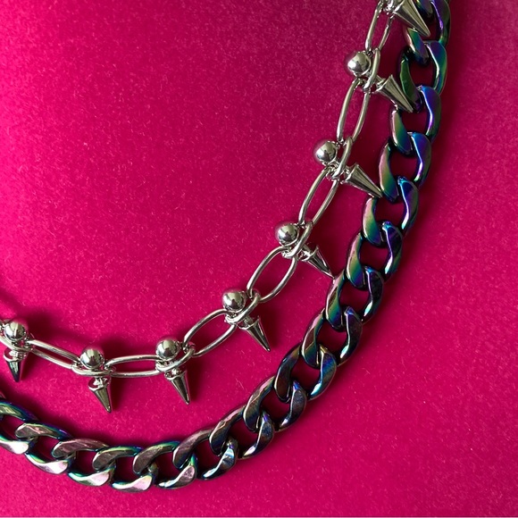 Two Layer Necklace Bullet Punk Gothic spikes | Silver Tone - Picture 4 of 6